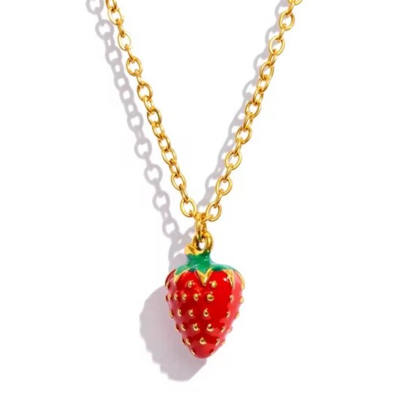 Red Strawberry 18K Gold Stainless Steel Non Tarnish Necklace - Picture 2 of 7